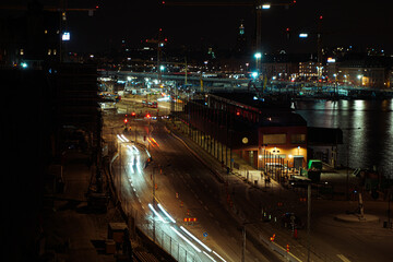 High angle view of a city street at night