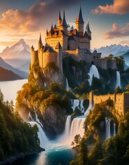 A majestic castle perched atop a craggy hill, with multiple waterfalls cascading into a lake 