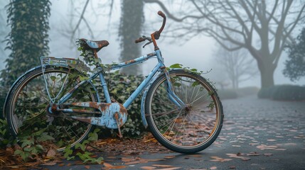 Fototapeta premium Realistic high-resolution image of a rusty blue bicycle overgrown with ivy, abandoned in a misty park