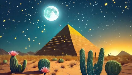 Moonlit night at desert with pyramid shining, big cactus flowers above fireflies encircling