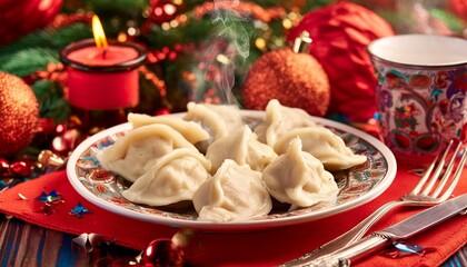  Plate of steaming dumplings on an Eastern European holiday table