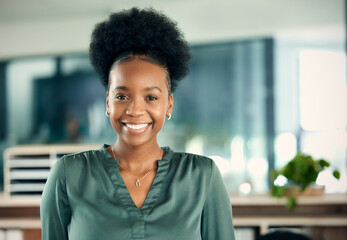 African woman, portrait and office with goals, proud and confidence for career smile. Creative...