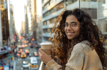 A beautiful woman with long curly hair, wearing glasses and smiling while holding coffee in her hand is sitting on the balcony of an apartment overlooking city streets.