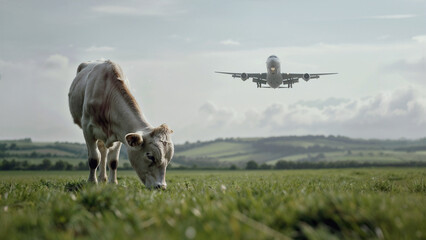 Cow chews on grass as a plane takes off  - Powered by Adobe
