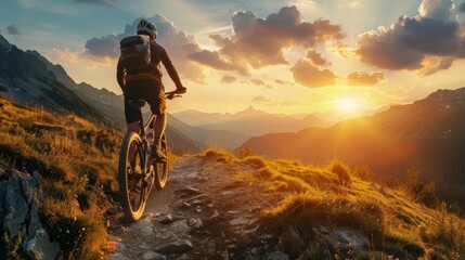 A cyclist on a mountain trail at golden hour, the setting sun casting a warm glow over the...