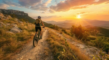 Fototapeta premium A cyclist on a mountain trail at golden hour, the setting sun casting a warm glow over the landscape, illustrating the thrill of exploring nature on two wheels.