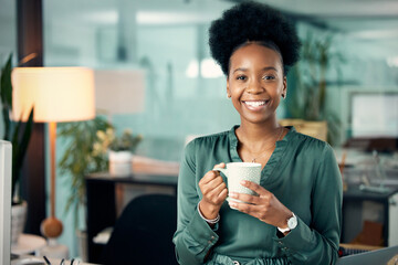 African woman, portrait and office with coffee, smile and confidence for career goals. Creative...