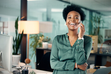 African woman, portrait and office with phone call, smile and confidence for goals. Creative...