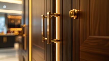 Obraz premium Close-up of a luxury modern wood cabinet door with golden handles on display, blending style and function