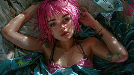 anime character ,pink hair laying in bed , in the style of junglepunk, extremely detailed art, sharp/prickly, lit kid, bibliopunk, city portraits,