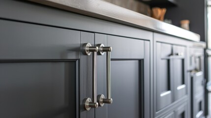 Contemporary meets classic in gray kitchen doors, enhanced by vintage-style stainless steel handles - obrazy, fototapety, plakaty