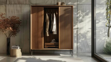 Contemporary wooden cabinet with a variety of fashionable outfits suspended on sleek rails