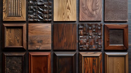 Detailed showcase of wood textures on luxury and vintage cabinet doors, arranged for market appeal