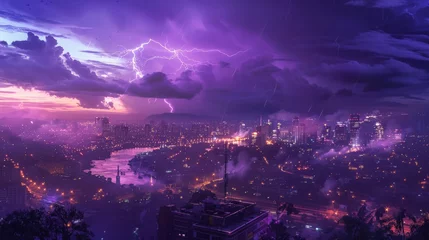 Foto op Plexiglas A high vantage point overlooking a city as it's enveloped in the majesty of a purple-lit storm, the electricity in the air palpable. © Sasint
