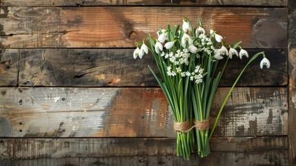 A lovely arrangement of snowdrops displayed on a rustic wooden backdrop evoking memories of spring with its delicate blooms Perfect for celebrating special occasions like Mother s Day Valen