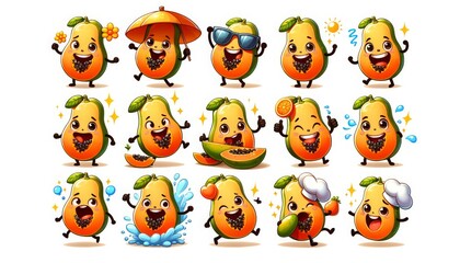 Obraz premium A playful collection of animated papaya characters, each showcasing a different emotion or action, from sleeping to wearing sunglasses.