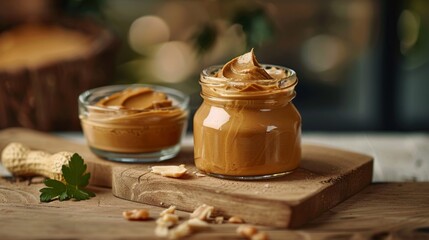 Elegant presentation of a glass bowl and jar filled with creamy peanut butter, placed neatly on a dining table