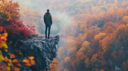 A lone figure standing on the edge of a cliff back turned as they take in the breathtaking view of the valley and its vibrant . .