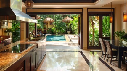 Elegantly designed kitchen with expansive glass doors leading to a serene poolside terrace