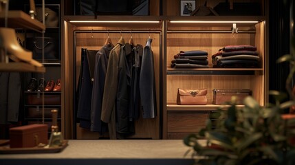 Fashion meets function in this wooden cabinet scene, clothes hanging on sleek metal rails