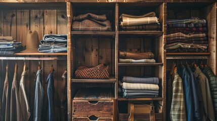 Functional wooden storage unit, each shelf neatly lined with various garments