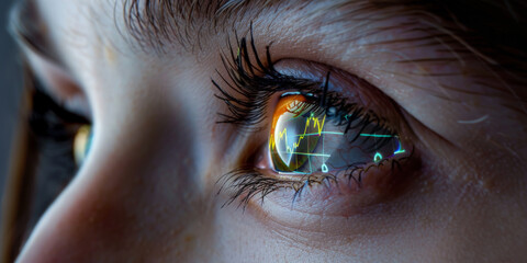 A close-up view of a traders eye reflecting a graph of the stock market charts, the personal toll of financial chaos