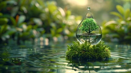 Naklejka premium A single tree protected within a water droplet on an island, a creative symbol of environmental conservation.