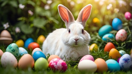 A white rabbit rests in a verdant landscape surrounded by vibrant Easter eggs. Easter Bunny on a lawn in a spring meadow. Easter is a Christian celebration and cultural holiday concept, often known as - obrazy, fototapety, plakaty