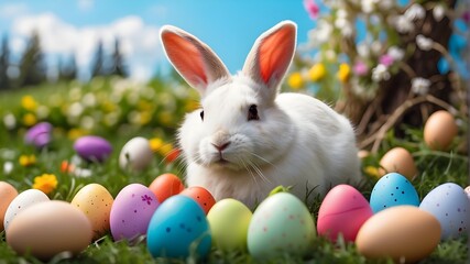 A white rabbit rests in a verdant landscape surrounded by vibrant Easter eggs. Easter Bunny on a lawn in a spring meadow. Easter is a Christian celebration and cultural holiday concept, often known as - obrazy, fototapety, plakaty
