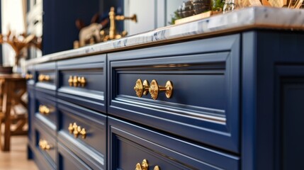 Vintage-style navy kitchen cabinets with modern golden handles, a study in contrast and class