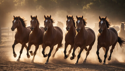 Herd of Horses Running in Dusty Sunset