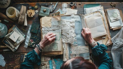 A serene morning of journal making, with a person binding pages and decorating covers, surrounded by fabric scraps, lace, and vintage buttons