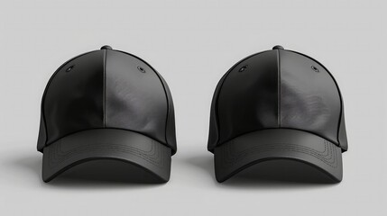 Black baseball caps mockup on a grey background, front and back side.