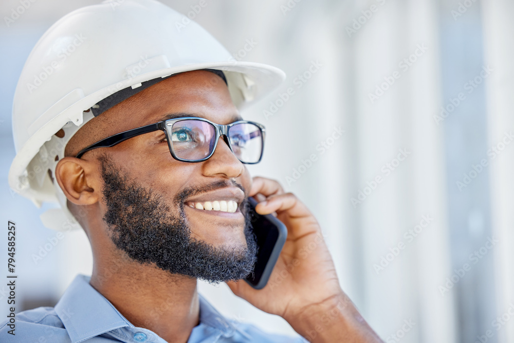 Aufkleber Happy, black man and architect with face and smartphone for networking or conversation with contractors. Excited, businessman and architecture with phone for communication with builders on renovation