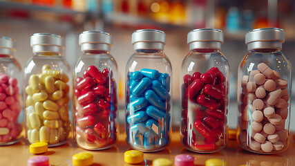 Colorful Pills and Capsule medicines in transparent bottles, a collection of clear bottles filled with various colored capsules, neatly lined up - obrazy, fototapety, plakaty