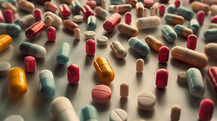 Colorful pills and capsule medicines scattered, in disarray - obrazy, fototapety, plakaty