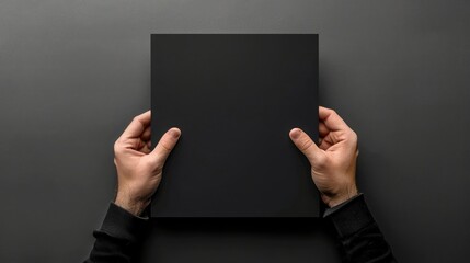 Black Square Flyer / Invitation Mock-Up - Male hands holding a black flyer on a gray background. - Powered by Adobe
