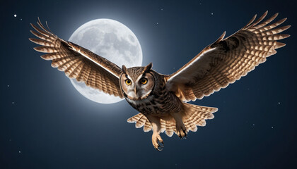 Owl in Flight Against Moonlit Sky