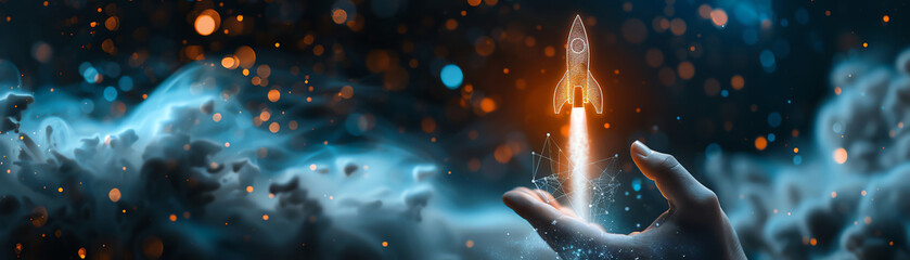 Entrepreneurial vision captured with a persons hand raising a holographic rocket, symbolizing startup growth and innovation - obrazy, fototapety, plakaty