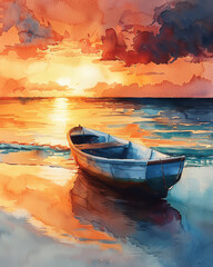 Fototapeta premium Serene watercolor illustration of a small boat anchored near the shore, with the peaceful beach sunset providing a picturesque backdrop