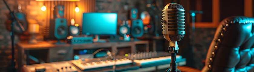 Stylish podcast studio with designer chairs and mounted microphones, embodying a chic and modern broadcast ambiance