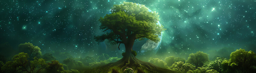Surreal image of a green forest under a starry sky, with Earth cradled in the roots of an ancient tree, highlighting the connection between flora and the global ecosystem