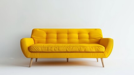 Elegant yellow sofa in a minimalistic modern design, stark against a pure white background, exuding simplicity and comfort