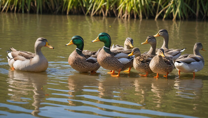Obraz premium Flock of Mallards Ducks Swimming in Harmony