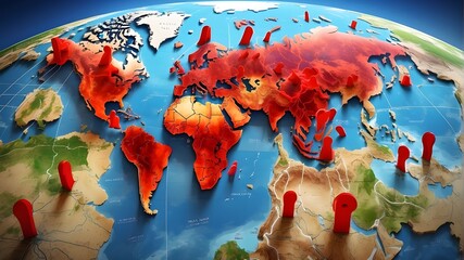 Your global destinations are prominently marked on the digital map with vivid red location markers.By Fajar - obrazy, fototapety, plakaty