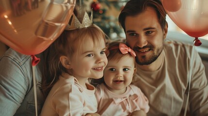 Busy father organizes holiday on International childrens day for two daughters, have home party, wear crowns and festive clothes. Little adorable girl holds air balloon,