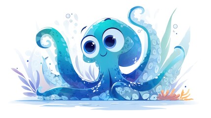 A charming 2d illustration featuring a playful cartoon octopus set against a crisp white backdrop This delightful artwork serves as a perfect fit for a children s book cover capturing the e