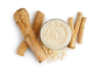 Horseradish sauce in jar on white background. Top view