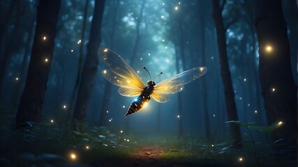 A surreal and abstract picture of a firefly soaring through a night woodland. Idea of a fairy tale. - obrazy, fototapety, plakaty