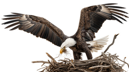 Bald eagle landing on a nest, wings spread wide, against a white background.